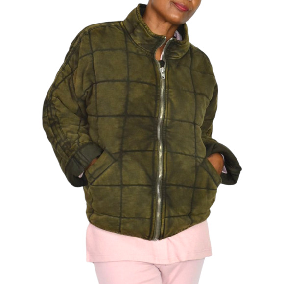 Free People Dolman Quilted Knit Jacket Green Olive Bomber Oversizes Cotton XS - Picture 2 of 16